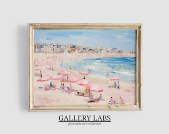 Abstract Coastal Painting PRINTABLE Wall Art Vintage Beach Print DOWNLOADABLE Girly Apartment Decor Seascape Print Pink Umbrella Painting