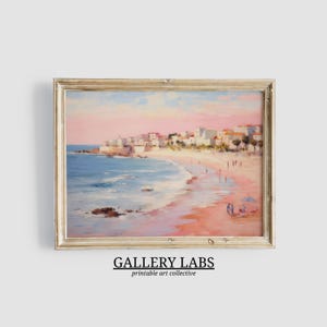 Abstract Coastal Painting PRINTABLE Wall Art Vintage Pink Beach Print DOWNLOADABLE Girly Room Decor Seascape Print Pink Umbrella Painting