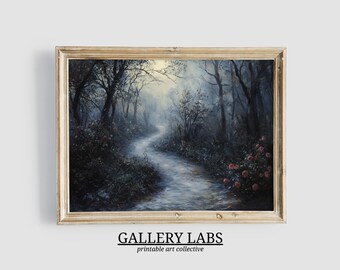 Dark Botanical Roses Forest Print • Moody Cottagecore Wall Art (Digital Art, Horizontal)