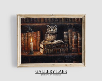 Vintage Owl Library Painting • Dark Academia Fall Art (Digital Download)