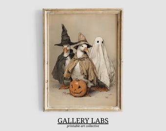 Vintage Halloween Geese Wall Art • Cute Ghost Sketch Art • Seasonal Nursery Decor • Moody Fall Print • Funny Halloween Decor