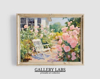 Pintura al óleo imprimible de un jardín de rosas rosadas • Impresión artística de una granja primaveral (descarga digital)