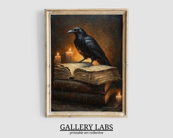 Dark Raven Oil Painting • Vintage Halloween Crow Print (Digital Art)