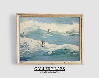 Retro Surfing Coastal Painting PRINTABLE Wall Art Vintage Ocean Print DOWNLOADABLE Beach House Decor Seascape Print Abstract Ocean Wall Art