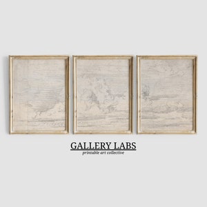 Könnte beinhalten: Drei gerahmte Drucke mit einem hellgrauen Hintergrund und einem dezenten Muster aus Linien und Wolken. Die Rahmen sind in einer hellen Holzfarbe. Der Text "GALLERY LABS printable art collective" befindet sich unter den Rahmen.