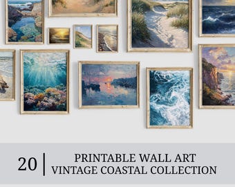 Láminas de paisajes costeros vintage • Decoración de casa de playa (Descarga digital, juego de 20 para pared de galería)