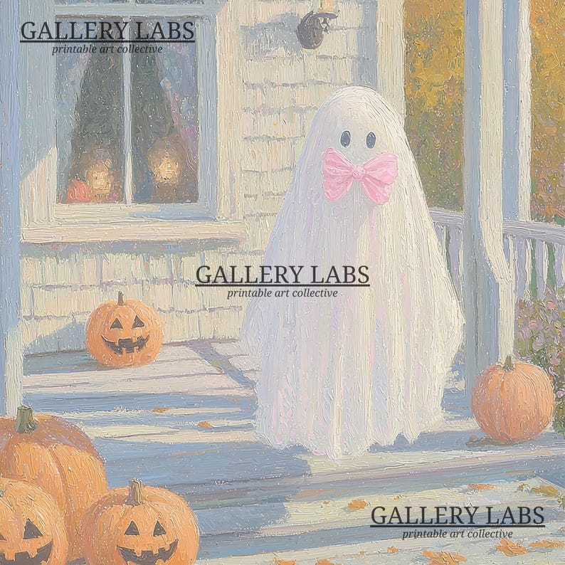 May include: An oil painting style illustration of a white ghost figure wearing a pink bow, standing on a porch with orange jack-o'-lanterns. The scene includes a house exterior with a window and the text GALLERY LABS printable art collective.