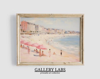 Vintage Pink Umbrella Beach Print • Muted Coastal Seascape Painting (Digital Download)