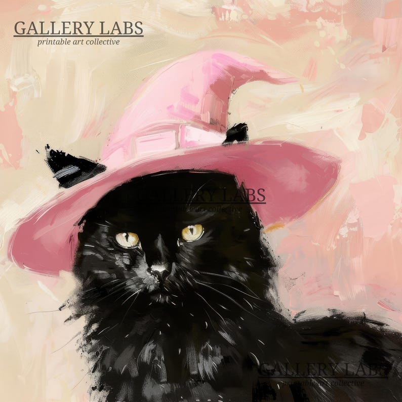 Pink Halloween Witch Cat Art Print • Spooky Wall Decor (digital ...