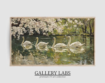 Vintage Swans Samsung Frame TV Art • Muted Spring Painting (Digital Download, Horizontal)