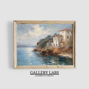 European Landscape Oil Painting PRINTABLE Wall Art Muted Ocean Print DOWNLOADABLE Coastal Wall Art Seascape Painting Cottage Core Home Decor