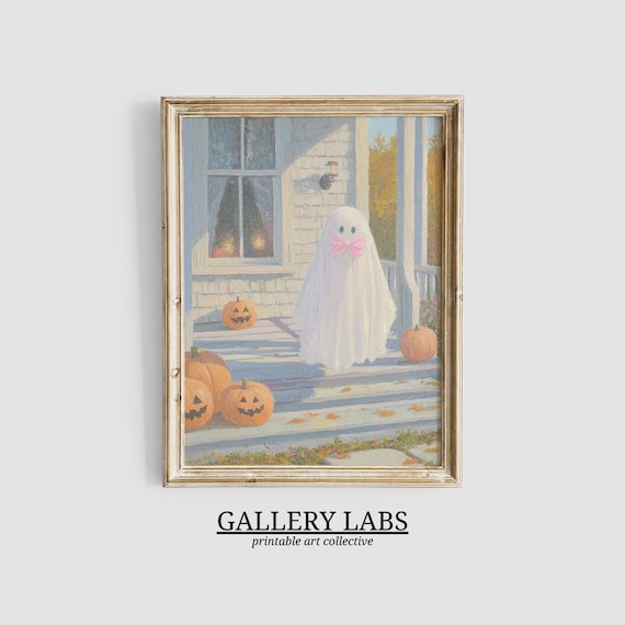 Pink Ghost Painting • Cute Spooky Decor • Preppy Halloween Print • Pumpkin Decor • Girly Halloween Wall Art • Vintage Digital Download