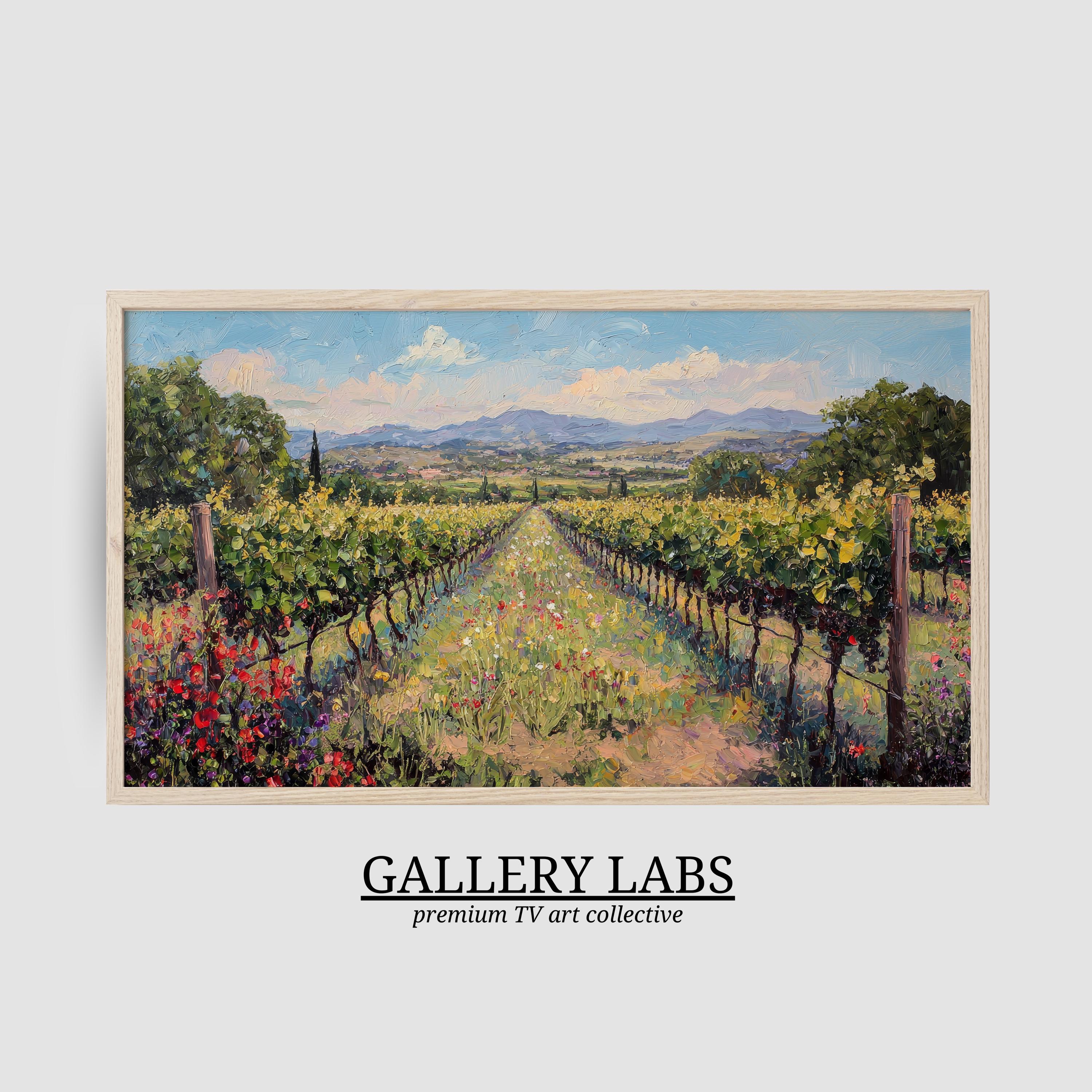 Farmhouse Vineyard Landscape TV Art • Vintage Spring Painting
