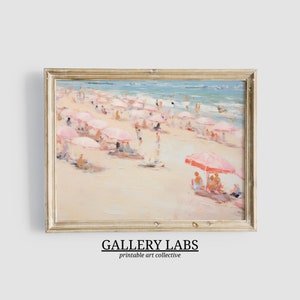 Abstract Coastal Painting PRINTABLE Wall Art Vintage Beach Print DOWNLOADABLE Girly Apartment Decor Seascape Print Pink Umbrella Painting