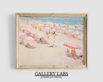 Pink Beach Umbrella Wall Art • Impressionist Coastal Beach Print (Digital Download)