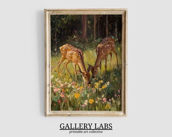 Vintage Deer & Wildflower Painting • Farmhouse Woodland Print (Digital Download Art)