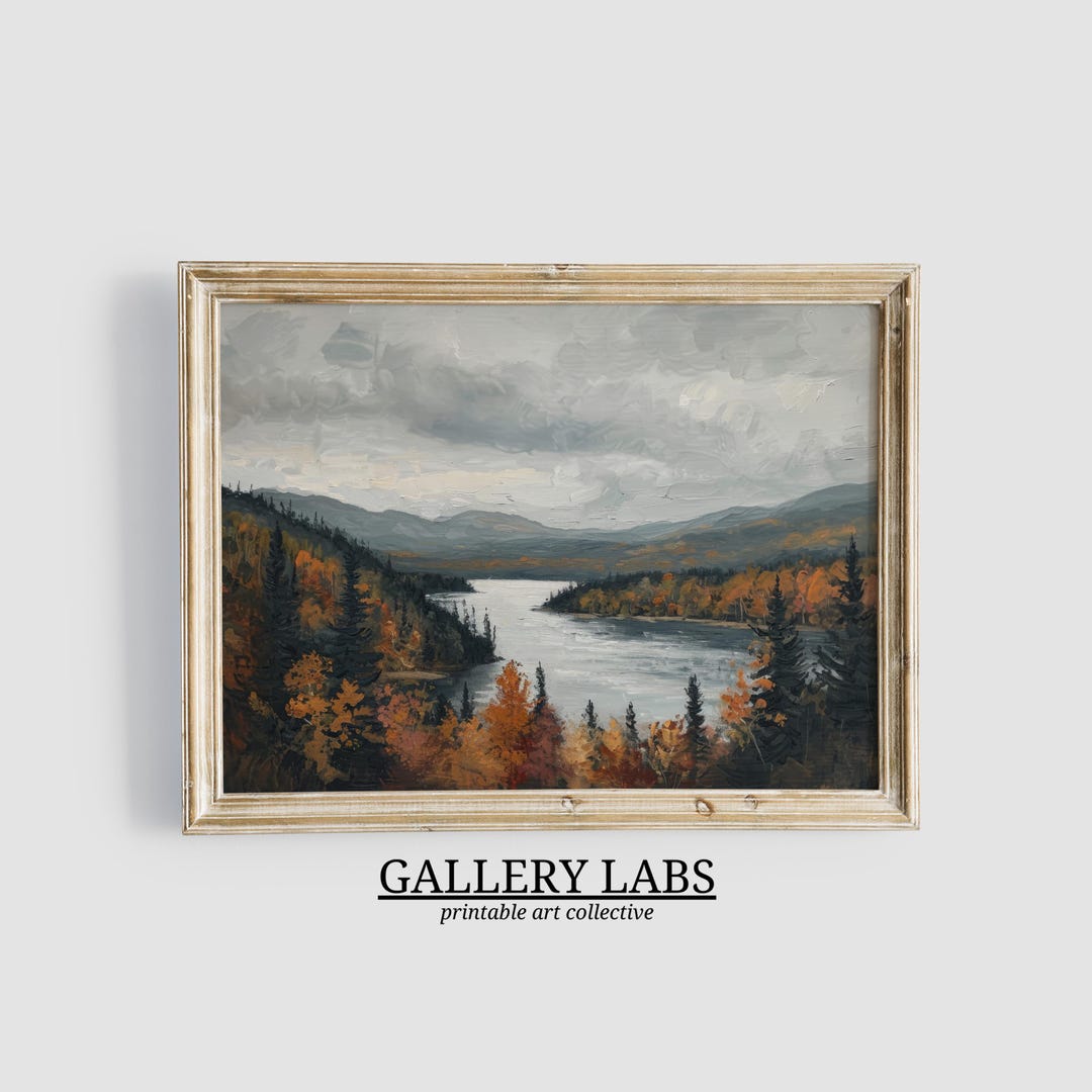 Rustic Fall Lake Landscape Print • Moody Autumn Oil Painting ...