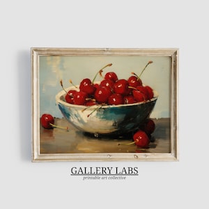 Cherry Bowl Painting PRINTABLE Wall Art Vintage Muted Kitchen Painting DOWNLOADABLE Neutral Farmhouse Artwork Cottage Core Decor Painting