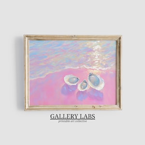 May include: A painting of three oyster shells on a pink beach with a blue and purple sky. The shells are arranged in a triangle shape and are surrounded by a soft, dreamy light.