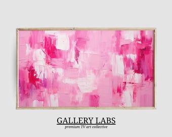 May include: A rectangular wall art piece featuring an abstract painting with thick, layered brushstrokes in various shades of pink, magenta, and white. The artwork is enclosed in a thin, light-colored wooden frame. Text below reads GALLERY LABS.
