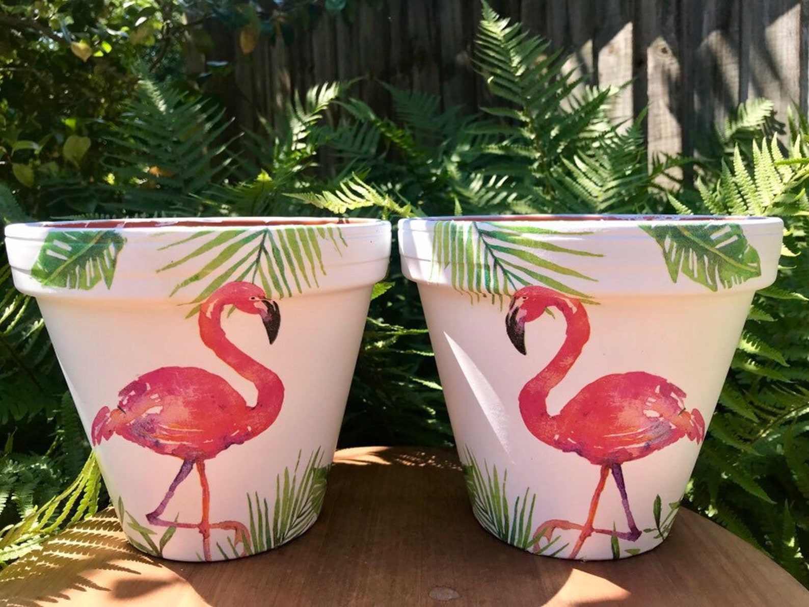 Pair of flamingo plant flower pots / planters hand decorated / Etsy