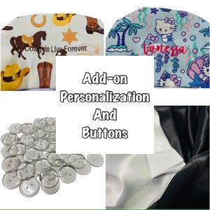 May include: Two fabric hats with different designs. One hat has a cowboy theme with the text "Cowgirls Live Forever". The other hat has a mermaid theme with the text "Vanessa". A pile of clear plastic buttons and a close-up of black and white fabric.