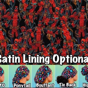 Comic. book Scrub cap, Super Hero ponytail, euro, high bun, bouffant, men’s surgical tie back, adjustable long hair medical hat Satin lined