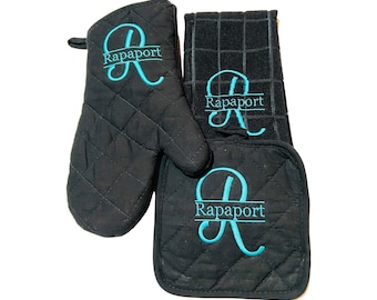 Personalized Kitchen Set, Oven Mitt Pot Holder Kitchen Towel Set, Personalized Embroidered Christmas Gift Set , Monogrammed Gift Set,