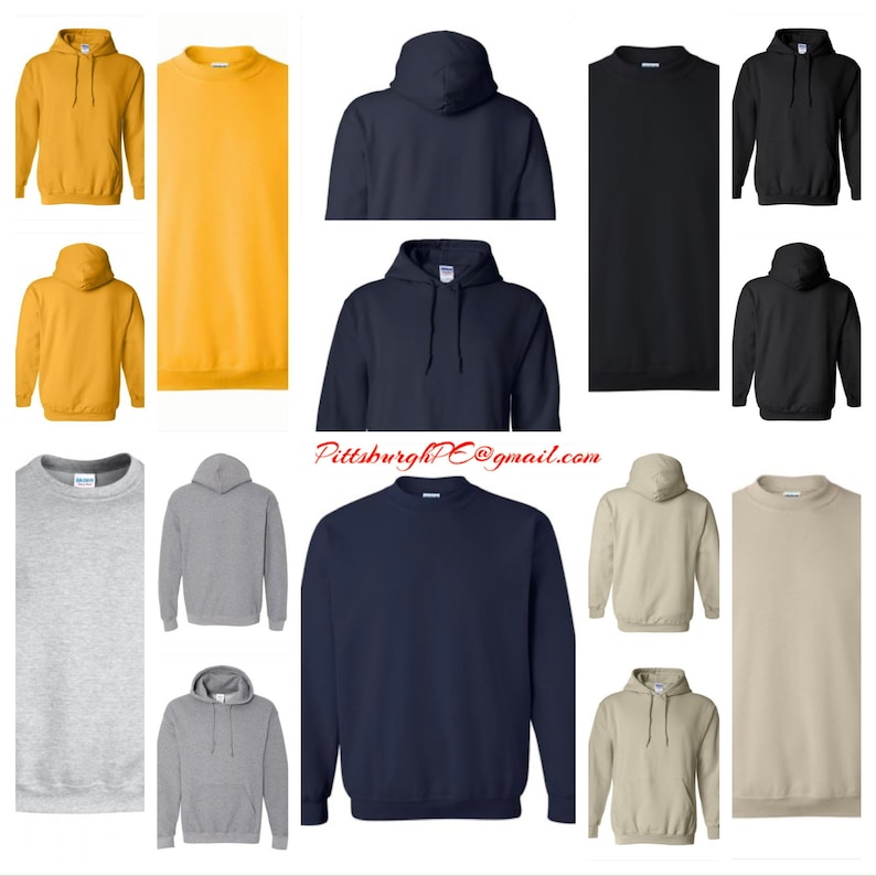May include: A collection of blank sweatshirts and hoodies in various colors, including yellow, navy blue, black, gray, and beige. The sweatshirts are all long-sleeved and have a crew neck. The hoodies have a drawstring hood. The text "pittsburghPE@gmail.com" is visible in the image.