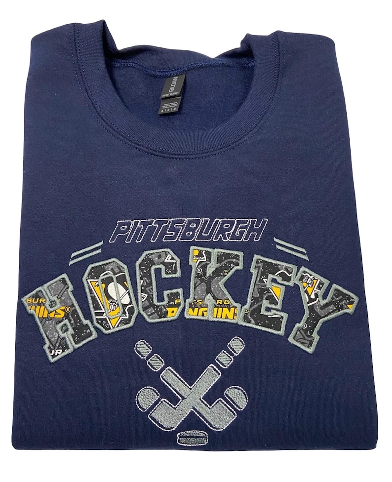 Pittsburgh Hockey sweatshirt, Hockey hoodie, Embroidered Ice Hockey Crewneck, Hockey fan gift, (made with licensed Penguins Fabric) image 12