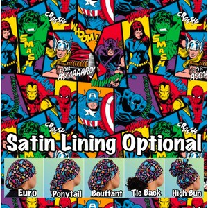 Super. Hero Scrub cap, comic book ponytail, euro, high bun, bouffant, men’s surgical tie back, adjustable long hair medical hat Satin lined