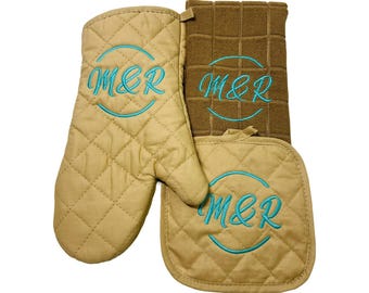 Personalized Kitchen Set, Oven Mitt Pot Holder Kitchen Towel Set, Personalized Embroidered Christmas Gift Set, Monogrammed Kitchen Set,