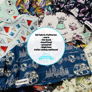 May include: Assortment of fabric patterns for scrub caps. The image shows various designs, including a navy blue cap with Hogwarts crests, and other caps with cartoon characters and geometric shapes. The text on the image says "63 Fabric Patterns".