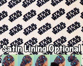 May include: A white fabric with a repeating pattern of "Star Wars" in black text. Five different styles of colourful surgical caps are shown below the fabric: Euro, Ponytail, Bouffant, Tie Back, and High Bun. The text "Satin Lining Optional" is displayed in black text on a white background.