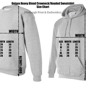 May include: Size chart for a unisex heavy blend crewneck and hooded sweatshirt. The chart shows the width and length measurements in inches for sizes S, M, L, XL, and 2XL.