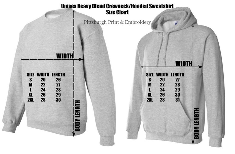 May include: Size chart for a unisex heavy blend crewneck and hooded sweatshirt. The chart shows the width and length measurements in inches for sizes S, M, L, XL, and 2XL.
