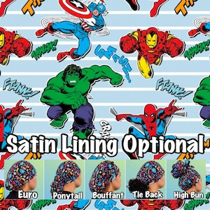 Super. Hero Scrub cap, comic book ponytail, euro, high bun, bouffant, men’s surgical tie back, adjustable long hair medical hat Satin lined