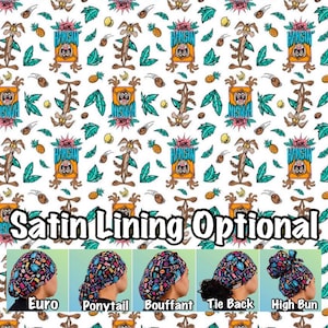 May include: A white background with a repeating pattern of a cartoon coyote with the words "Just Hangin'" in a blue box. The image shows five different styles of surgical caps with the same pattern. The styles are Euro, Ponytail, Bouffant, Tie Back, and High Bun. The text "Satin Lining Optional" is written in black at the bottom of the image.