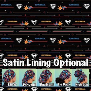 Super. Hero Scrub cap, comic book ponytail, euro, high bun, bouffant, men’s surgical tie back, adjustable long hair medical hat Satin lined