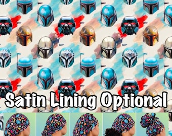 May include: A colourful fabric pattern with a repeating design of Star Wars Mandalorian helmets. The fabric is available in five different styles: Euro, Ponytail, Bouffant, Tie Back, and High Bun. The text "Satin Lining Optional" is displayed at the bottom of the image.