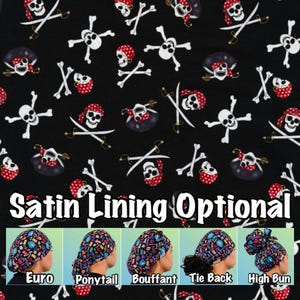 May include: A black fabric featuring a repeating pattern of white skulls with red polka-dot bandanas and crossed swords. Below, five variations of scrub caps are displayed with the labels Euro, Ponytail, Bouffant, Tie Back, and High Bun.
