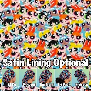 May include: A colorful fabric with a repeating pattern of cartoon characters with large eyes. The fabric is available in five different styles: Euro, Ponytail, Bouffant, Tie Back, and High Bun. Satin lining is optional.