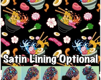 May include: A black scrub cap with a ramen-themed pattern. The design includes bowls of ramen, eggs, and shrimp. The text "Satin Lining Optional" is visible. The cap is shown in various styles.