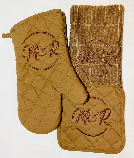 Personalized Kitchen Towel Oven Mitt and Pot Holders 