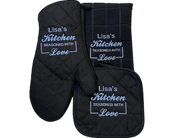 Personalized Oven Mitt Pot Holder Kitchen Towel Set, Embroidered Seasoned with Love set, Mothers Day Gift Set, Monogrammed Gift Set