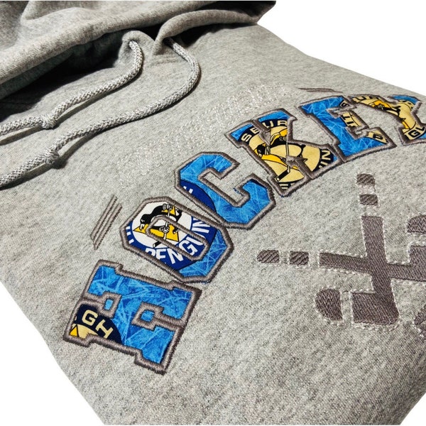 Pittsburgh Hockey sweatshirt, Hockey hoodie, Embroidered Ice Hockey Crewneck, Hockey fan gift, (made with licensed Penguins Fabric)