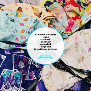 May include: Assortment of fabric patterns in various colors and designs, including cartoon characters and floral prints. The image includes text indicating 63 fabric patterns are available, with options for euro, tie back, bouffant, ponytail, and high bun styles.