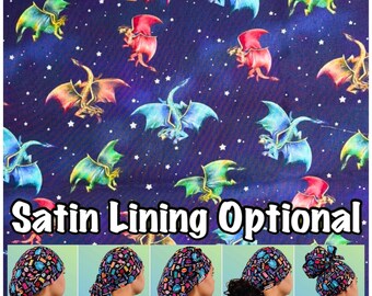 Dragon. Scrub cap, satin lined ponytail, euro, high bun, bouffant, men’s surgical tie back, long hair women’s medical