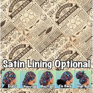 May include: Five different styles of colorful fabric headbands with a Harry Potter themed print. The print features the words "Quidditch at Hogwarts" and other text. The headbands are available in Euro, Ponytail, Bouffant, Tie Back, and High Bun styles.