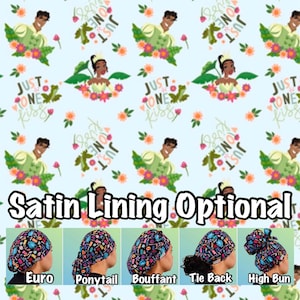 May include: A colorful patterned fabric with a cartoon image of a prince and princess. The fabric is available in different styles, including euro, ponytail, bouffant, tie back, and high bun. The text "Just One Kiss" is repeated throughout the fabric.